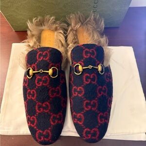 Gucci Black and Red GG Pattern Mules with Fur Trim